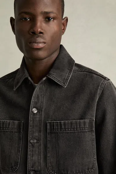 Reiss Washed Black Cotton-denim Button-through Overshirt