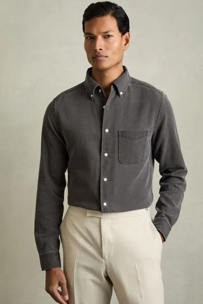 Reiss Washed Black Denim Piqué Button-through Shirt