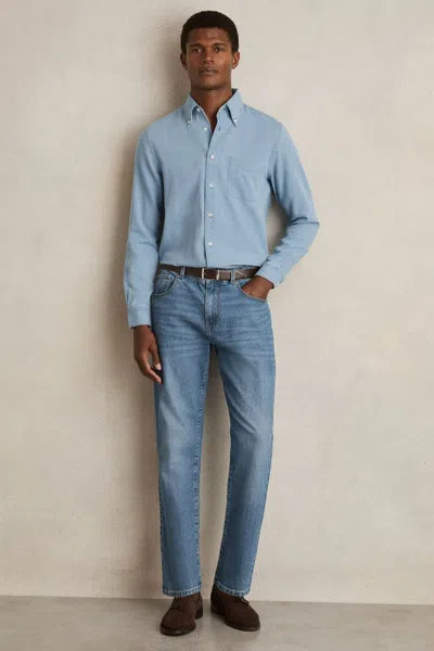 REISS WASHED BLUE COTTON-PIQUÉ BUTTON-DOWN CHAMBRAY SHIRT