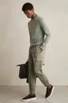 Reiss Washed Khaki Green Cotton Drawstring Cargo Trousers