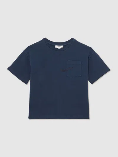 Reiss Washed Navy Cotton Palm-embroidery Oversize T-shirt