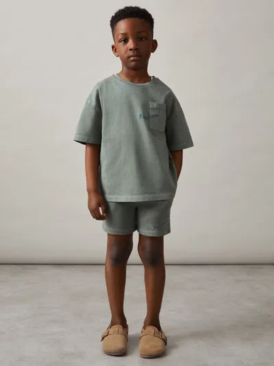 Reiss Washed Sage Cotton Brand-embroidered Shorts In Green