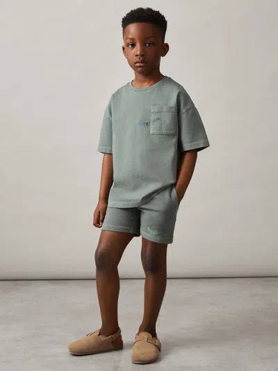 Reiss Washed Sage Cotton Palm-embroidery Oversize T-shirt