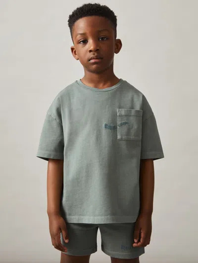 Reiss Washed Sage Cotton Palm-embroidery Oversize T-shirt