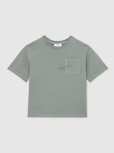 Reiss Kids' Washed Sage Cotton Palm-embroidery Oversize T-shirt