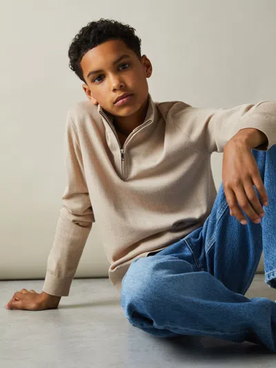 Reiss Kids' Washed Stone 9-13 Yrs Merino Wool Half-zip Funnel Neck Jumper In Gray