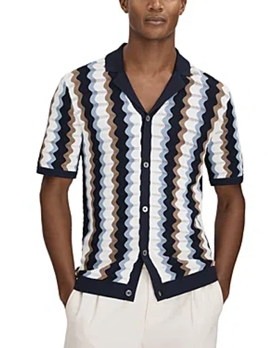 Reiss Waves - Blue Multi Knitted Cuban Collar Shirt, S