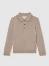 Reiss Wheat Melange 4-9 Yrs Merino Wool Long-sleeve Polo Shirt In Brown