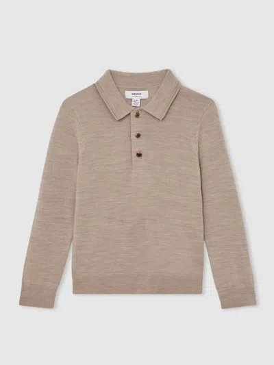 REISS REISS WHEAT MELANGE TRAFFORD 13-14 YRS MERINO WOOL LONG-SLEEVE POLO SHIRT