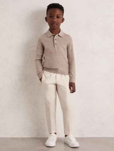 Reiss Wheat Melange 4-9 Yrs Merino Wool Long Sleeve Polo Shirt In Neutral