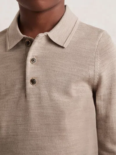 Reiss Wheat Melange 9-13 Yrs Merino Wool Long Sleeve Polo Shirt In Brown