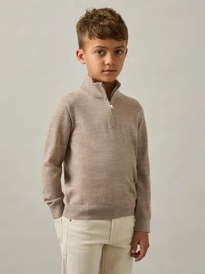 Reiss Wheat Melange Blackhall 3-9 Yrs Merino Wool Half-zip Funnel Neck Jumper