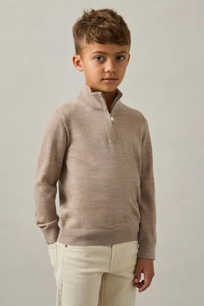 REISS WHEAT MELANGE BLACKHALL MERINO WOOL HALF ZIP FUNNEL NECK JUMPER