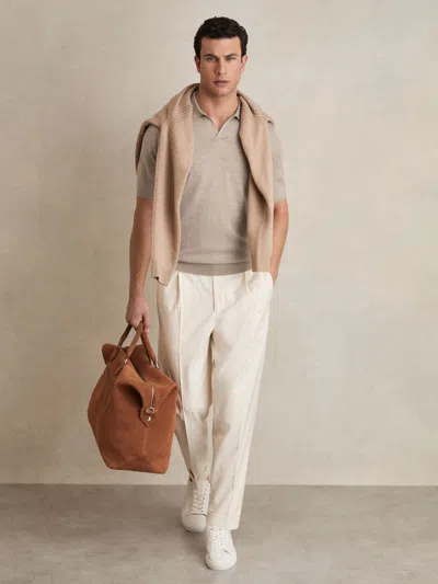 Reiss Wheat Melange Merino Wool Open Collar Polo Shirt In Neutral