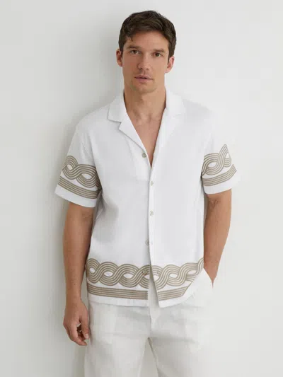 Reiss Mens White Arden Embroidered-trim Cotton-blend Shirt Xl In Multi