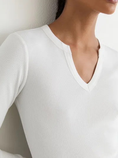Reiss White Athena Stretch-cotton Notch-neck Top