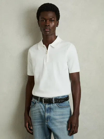 REISS REISS WHITE BERKLEY COTTON HALF-ZIP KNITTED POLO SHIRT