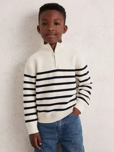 Reiss Kids' White Cotton-blend Stripe Half-zip Jumper In Neutral
