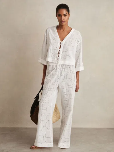Reiss White Cotton Broderie Tie-front Top