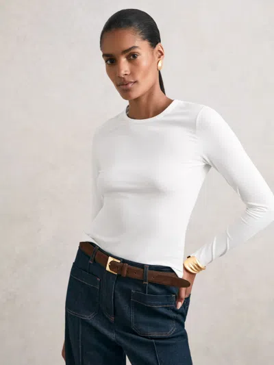 Reiss White Cotton Crew-neck Long-sleeve T-shirt With Stretch