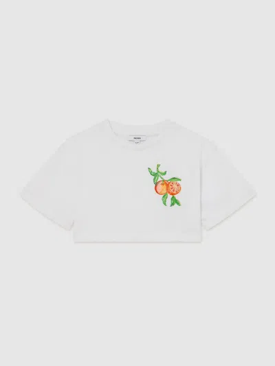 Reiss Kids' White 3-9 Yrs Cotton Embroidered Cropped T-shirt