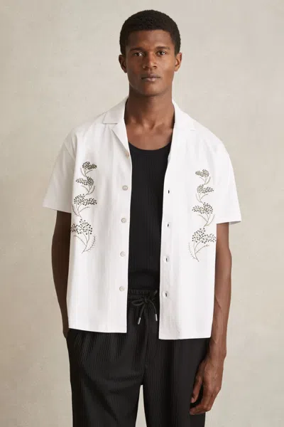 REISS WHITE COTTON FLORAL EMBROIDERED SHIRT