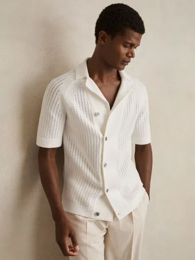 Reiss White Cotton Textured-knit Cuban-collar Shirt