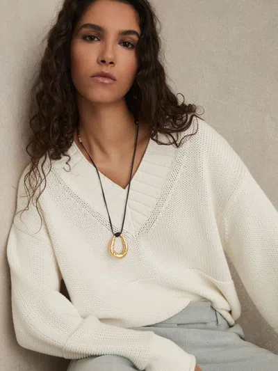 REISS WHITE COTTON V-NECK KNIT JUMPER