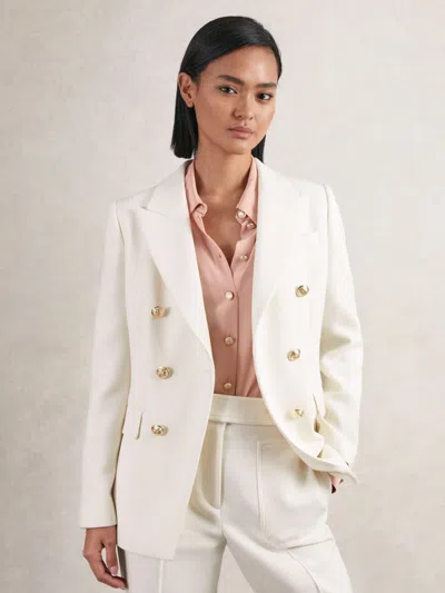 Reiss White Double-breasted Twill Suit Blazer With Wool In Neutral