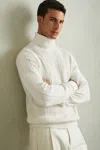 Reiss White Cabled Roll-neck Jumper With Cotton And Wool In White