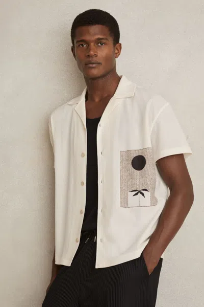 Reiss White Graphic Print Cuban-collar Shirt