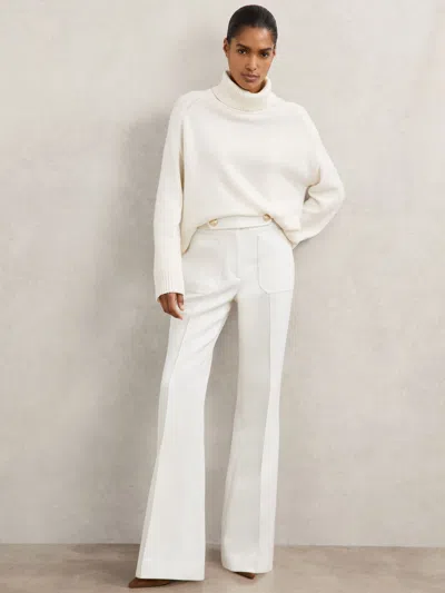 Reiss White Lily Petite Twill Button-tab Flared Trousers With Wool