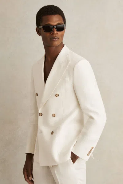 Reiss White Linen Double-breasted Suit Blazer Slim-fit In Herringbone