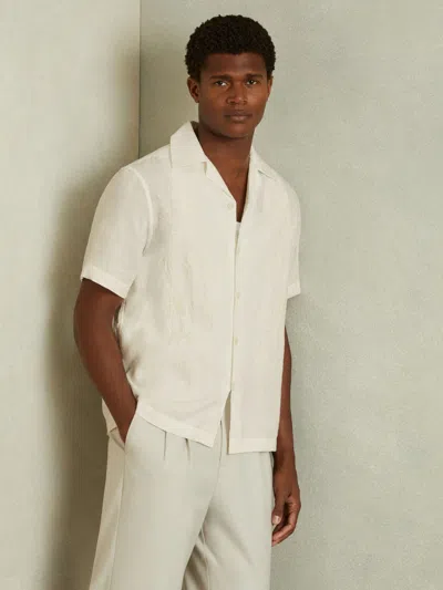 Reiss White Linen Embroidered Cuban Collar Shirt