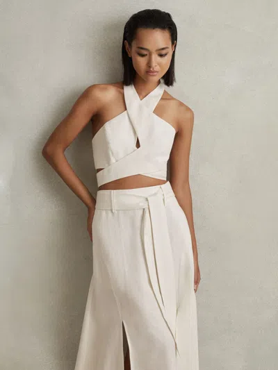 Reiss White Linen Halter Neck Cropped Top