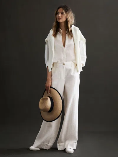 Reiss White Linen Wide Leg Garment Dyed Trousers