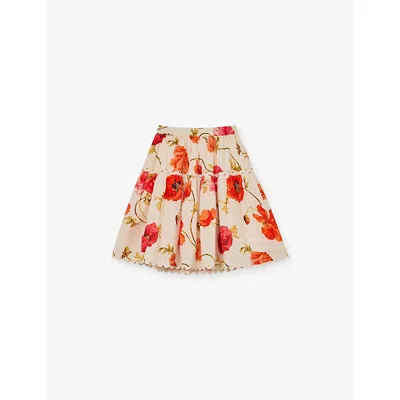 Reiss Kids' White Print Christa Floral-print Cotton Midi Skirt In Neutral