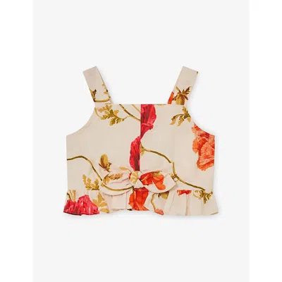 Reiss Kids' White Print Violeta Floral-print Cotton Crop Top In Multi