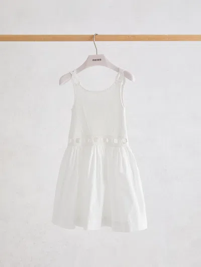 Reiss White Rita 9-13 Yrs Rib-knit Mix Cut-out Flared Dress