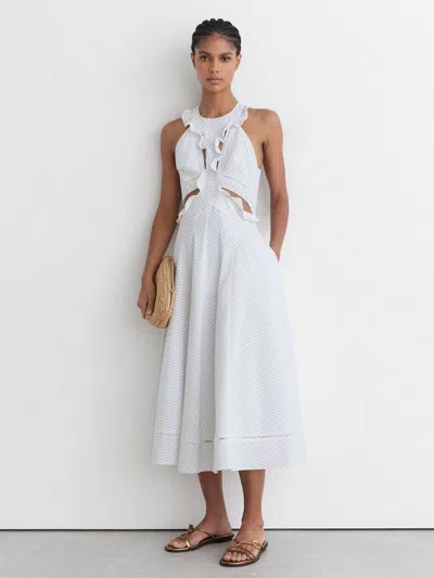 Reiss White Striped Ruffle-trim Midi Dress