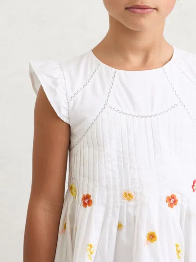 Reiss Kids' White 13-14 Yrs Cotton Embroidered Pintuck Dress