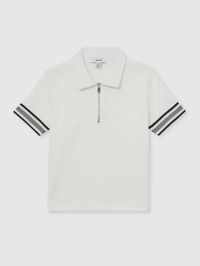 REISS WHITE TEXTURED HALF ZIP POLO SHIRT