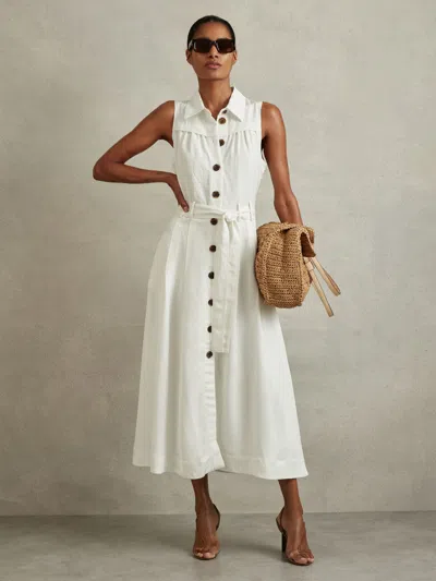 Reiss White Viscose-linen Belted Midi Dress