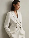 Reiss White Petite Viscose-linen Double Breasted Suit Blazer In White