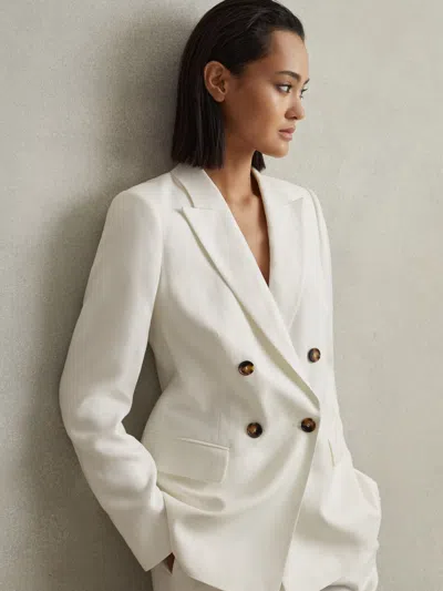 Reiss White Viscose-linen Double Breasted Suit Blazer