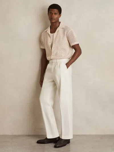 Reiss White Wool-blend Belted Pleated Trousers Regular-fit