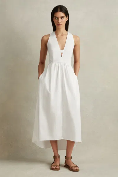 Reiss Womens White Yana V-neck Cut-out Stretch-cotton Midi Dress