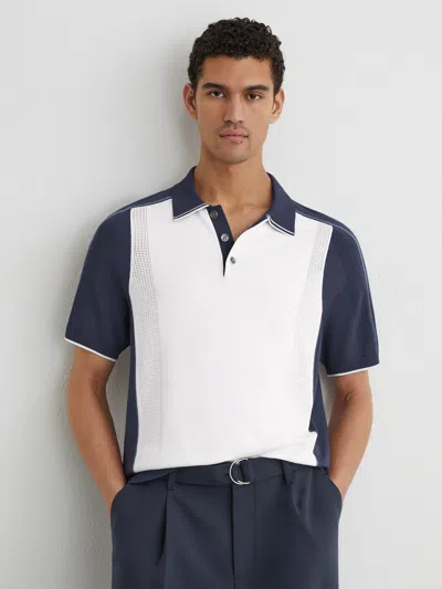 Reiss Mens White Airforce Blue Claremont Colour-block Knitted Polo Shirt Xs In Multi
