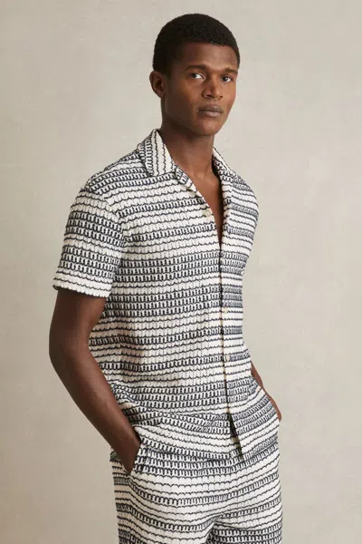 REISS WHITE/BLACK CROCHET CUBAN-COLLAR SHIRT