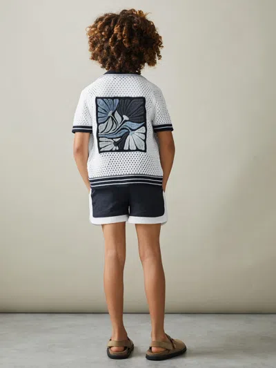 Reiss White/blue Lucile 9-13 Yrs Open-stitch Embroidered Cuban Collar Shirt